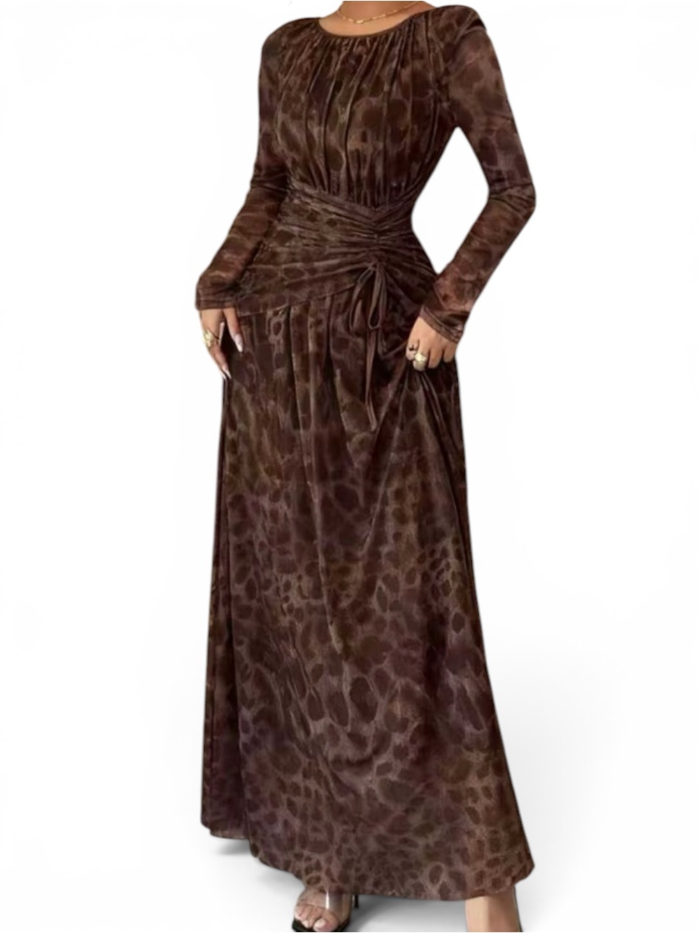 Long Sleeve Brown Leopard Print Maxi Dress